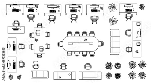 top view of modern office layout with workstations meeting table and plants