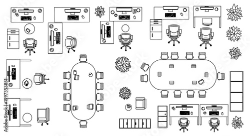 top view of modern office space with desks chairs and meeting tables