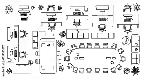 top view of modern office space with desks chairs and conference table for collaboration