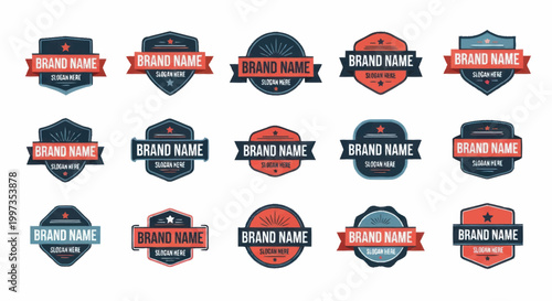 Collection of vintage and modern brand name badges and emblems.