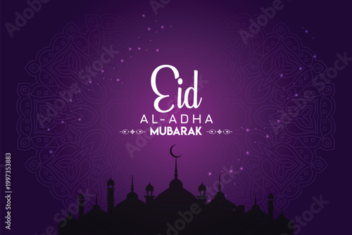 Eid al-Adha Mubarak celebration with lanterns, crescent moon, and mosque silhouette
