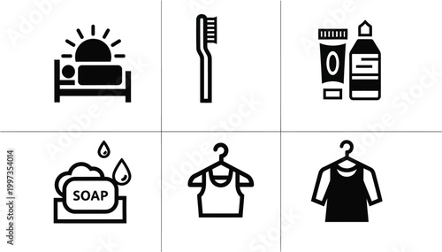 Morning Routine Icons: Wake Up, Brush Teeth, Wash, Dress, Get Ready for Day