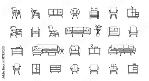 Complete Set of 2D CAD Furniture Symbols for Architectural Planning and Interior Design, Featuring Elevation Views of Sofa and Couch, Chairs, and Cabinets on