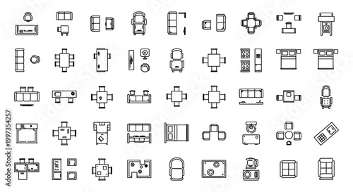 Professional architectural furniture vector icons for AutoCAD 2D floor plans, featuring a sofa and couch cad block library for technical blueprint and interior design.