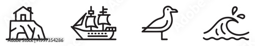 Seagull Standing Next to Sailing Ship on Ocean Waves with Lighthouse