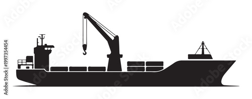 Cargo Ship Silhouette with Crane on White Background