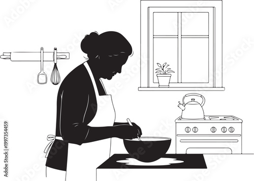 Woman in apron mixing bowl in kitchen with stove and window