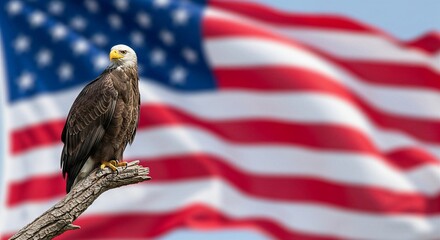 bald eagle perched on branch with american flag backdrop high-quality professional detailed modern elegant stylish clean crisp vibrant colorful