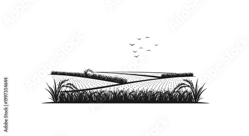 Scythe lying on grassy field ground.