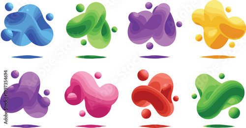 Colorful abstract liquid shapes set with glossy blobs and fluid forms illustrating modern design elements, creative backgrounds, and vibrant vector illustration collection
