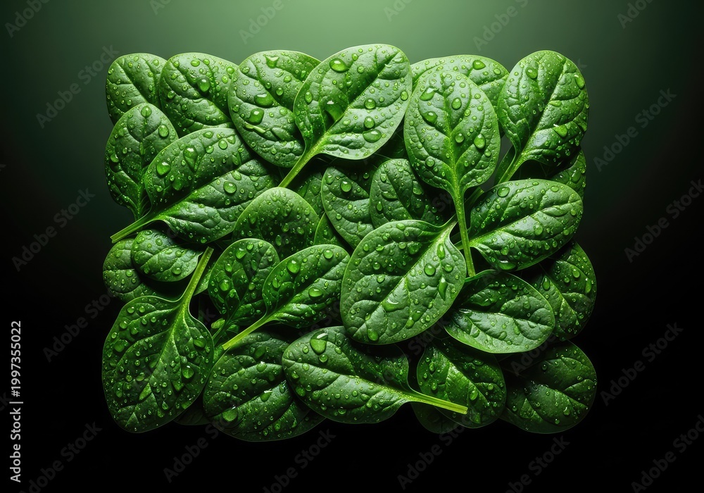 Obraz premium Vibrant green spinach leaves covered in sparkling water droplets shine under bright light, highlighting fresh texture and healthy vitality, garden, botany, close-up