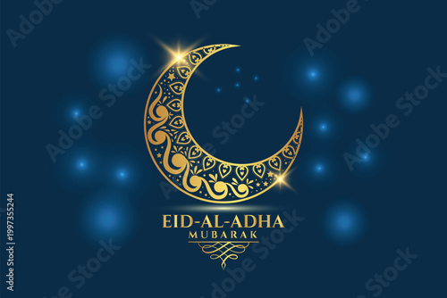 Eid al-Adha Mubarak celebration with lanterns, crescent moon, and mosque silhouette
