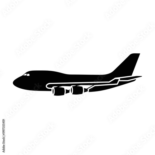 Silhouette of a large passenger airplane in flight, black and white illustration.