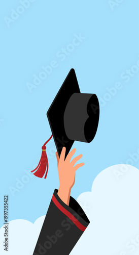 Graduate's hand with academic cap on sky background. Graduation greetings, with graduate hand with graduation cap for class of 2026. Vector illustration