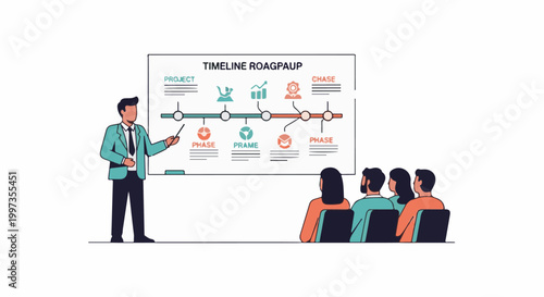 Professional business manager presenting a project management timeline to his team during a corporate office meeting about future company goals