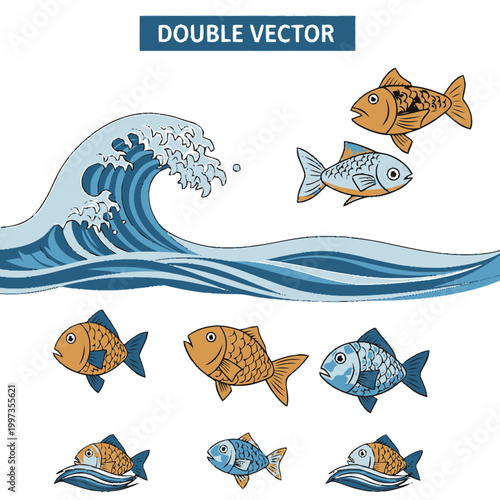 Colorful cartoon fish swimming ocean waves.