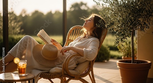 Relaxed Young Woman Reading on Porched Deck in Sunlit Garden
