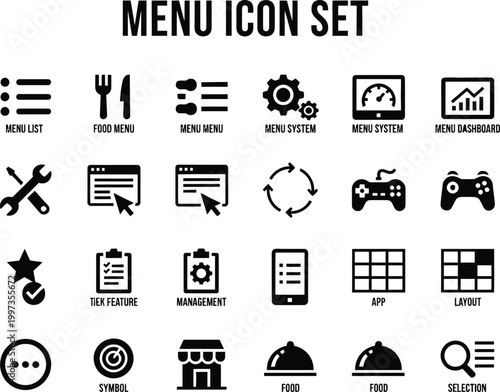 Set of black navigation menu icons for web applications and mobile software interface user controls