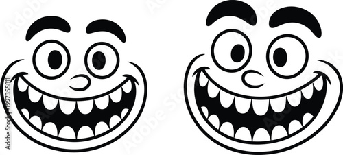Black and white cartoon faces with wide grins showing sharp teeth isolated on a transparent background.