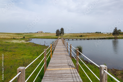 Принти на полотні Boardwalk crossing a lake in aldeia da luz alentejo portugal