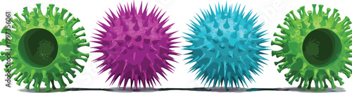 3D virus particles set with colorful spiky microorganisms illustrating microbiology, infection spread, pandemic concept, healthcare awareness, and scientific vector illustration