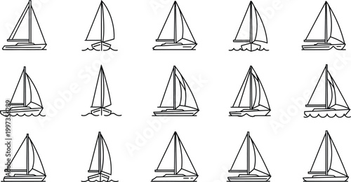 Collection of black and white line depicting sailboats on water sailing yacht