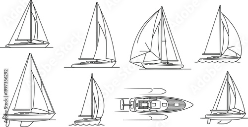 Collection of black and white line of sailboats in various views and positions sailing yacht watercraft
