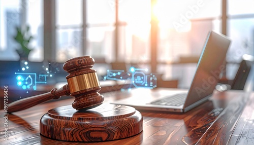 A wooden gavel and sound block rest on a desk alongside a laptop, accented by glowing digital icons. The scene symbolizes the integration of modern technology within the legal and judicial systems.