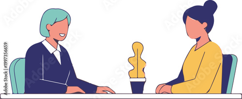 Two professional women sitting at a desk and having a collaborative business meeting to discuss new corporate project strategies today