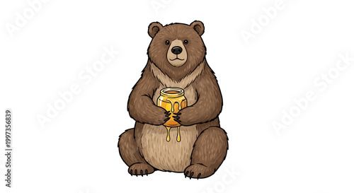 Brown bear holding honeycomb and dripping honey.