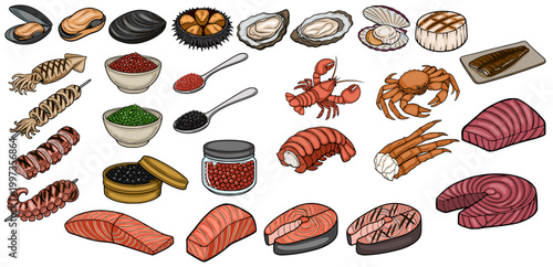 Vector Set of Delicious Seafood Illustrations, Isolated on White