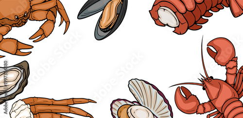Vector banner with fresh seafood illustration, crab, lobster, mussels, oysters, scallops
