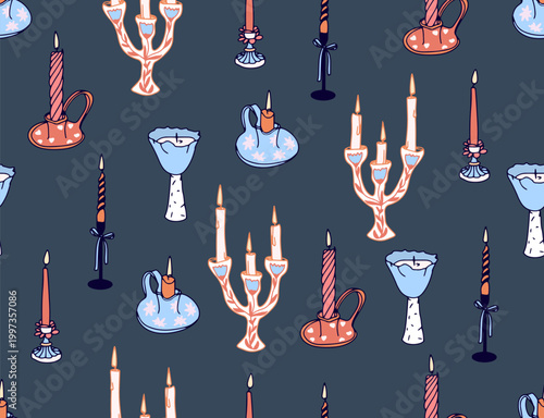 Seamless pattern with different candles and candlesticks of wrapping paper design