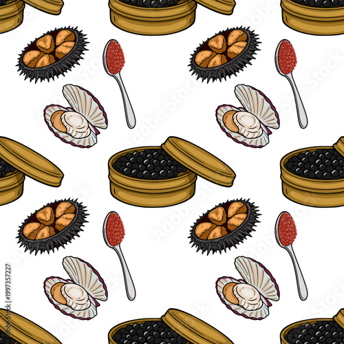 Seamless vector pattern of gourmet seafood delicacies: caviar, sea urchin, and oysters