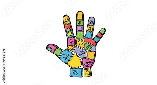 A colorful hand with letters on fingers.