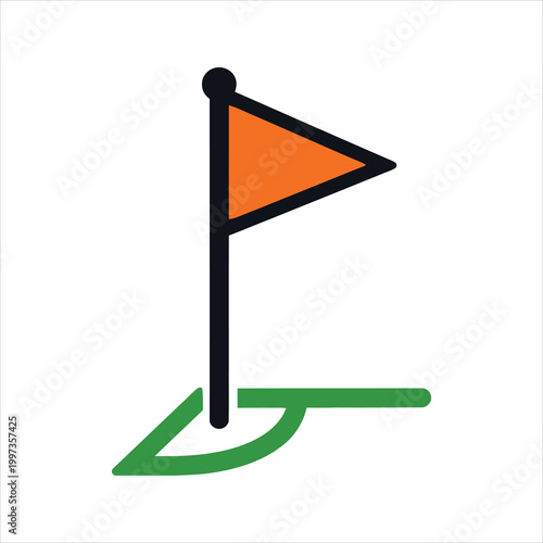 Golf course marker flag with green turf and shadow isolated on white background