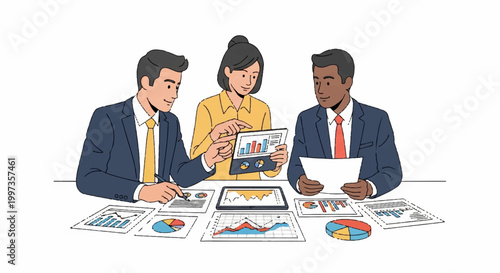 Diverse group of corporate business professionals working together while analyzing complex financial charts and data reports on digital tablets