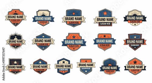 Collection of shield emblems with brand name text.