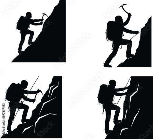 Mountain climber silhouettes collection with hiking gear and ice axe climbing steep rocky slopes, professional vector illustration for outdoor adventure.