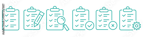 Outline clipboard icon set with checkmark and cross, Checklist Report Symbol, Task Management UI Element, Document Edit Graphic, Line Art Vector Collection