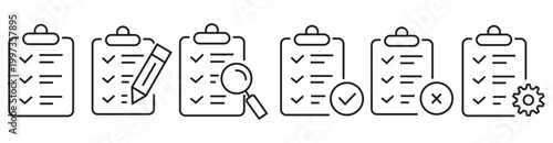 Outline clipboard icon set with checkmark and cross, Checklist Report Symbol, Task Management UI Element, Document Edit Graphic, Line Art Vector Collection