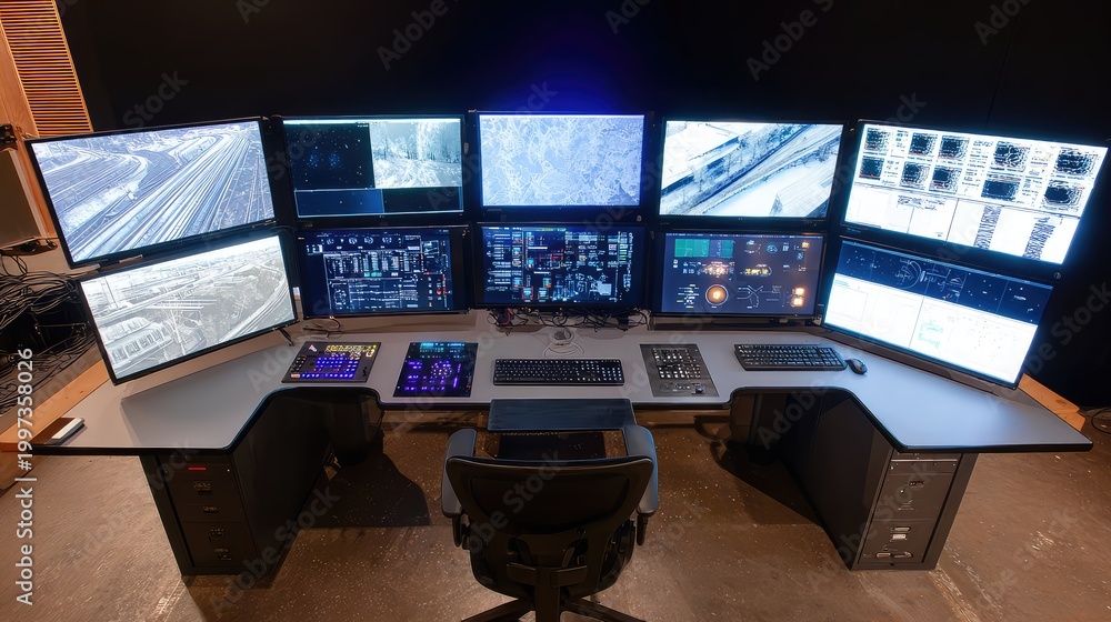 Naklejka premium Control room workstation managing complex data streams