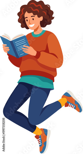 Cheerful young woman jumping in the air while holding an open book