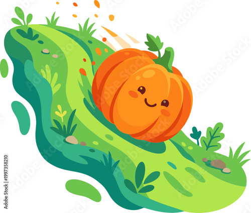 Cheerful pumpkin character sliding down a grassy green slope