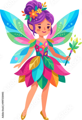 Garden pixie holding crystal wand wearing leaf patterned dress