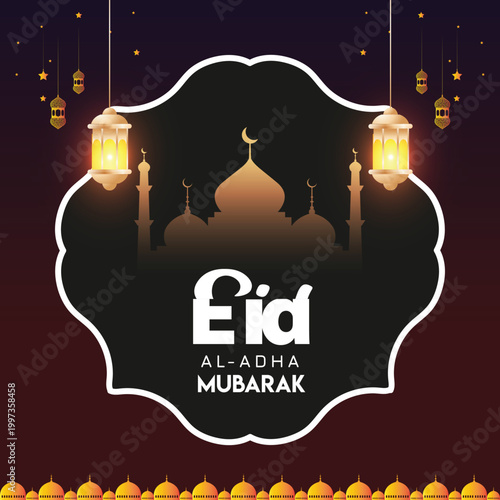 Eid al-Adha Mubarak celebration with lanterns, crescent moon, and mosque silhouette
