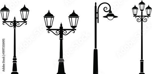 Elegant street lamps silhouette a vintage urban nightscape
