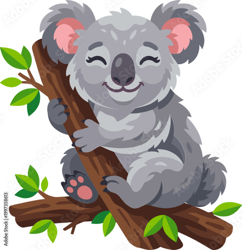 Happy koala bear hugging a tree branch with green leaves