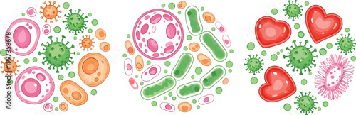 Cells, bacteria, and virus shapes arranged in circles and heart compositions illustrating microbiology, infection spread, healthcare awareness, and medical vector illustration