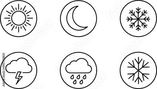 Weather icon set sun moon snow clouds and rain silhouette style